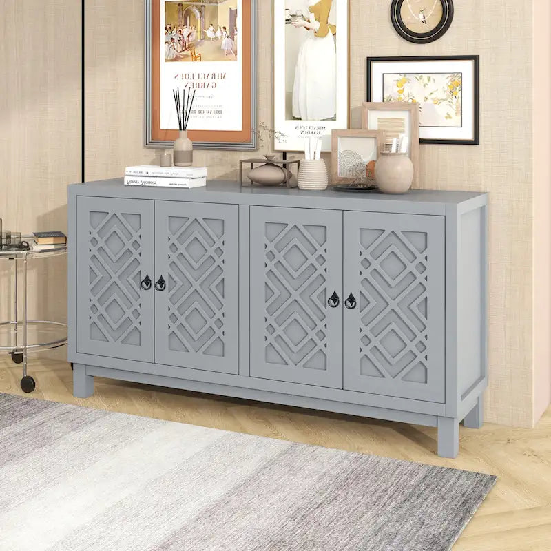 Credenza a 4 ante in nero / grigio chiaro / bianco con motivo a rombi, ripiani regolabili