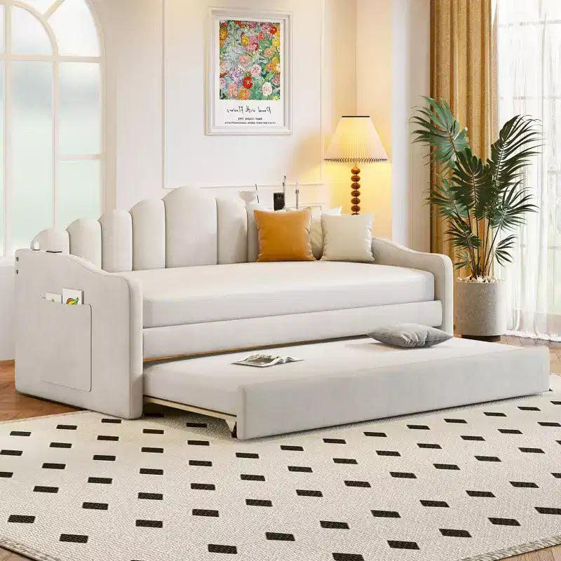 Twin Size Velvet Upholstered Daybed with Trundle/2 Drawers and USB Charging Ports 4Q - ModernLuxe