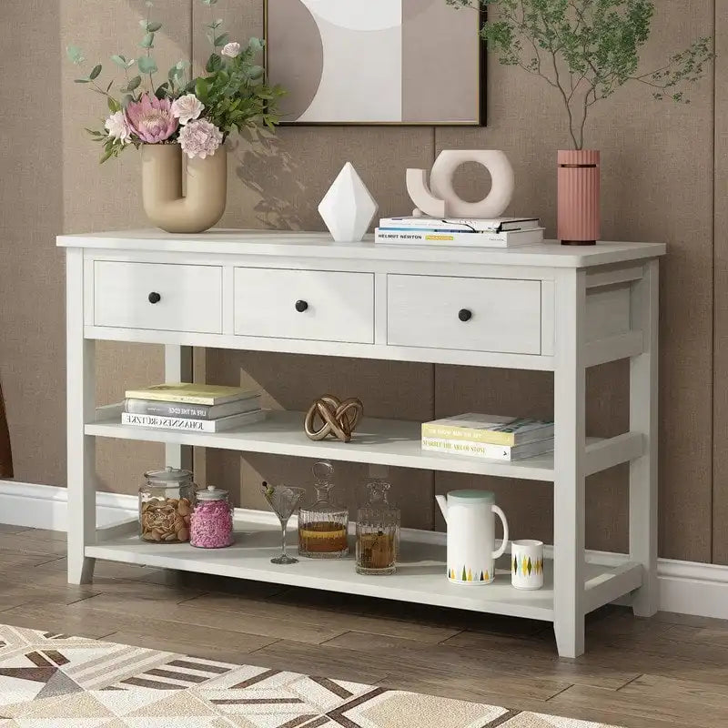 Console Table con 4 Cassetti e Ripiani Aperti – Marrone Lavato / Beige, MDF