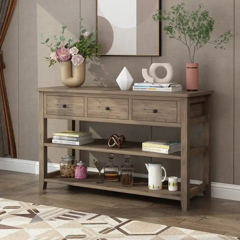 Console Table con 4 Cassetti e Ripiani Aperti – Marrone Lavato / Beige, MDF