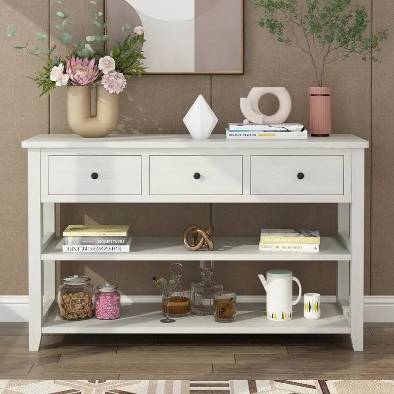Console Table con 4 Cassetti e Ripiani Aperti – Marrone Lavato / Beige, MDF