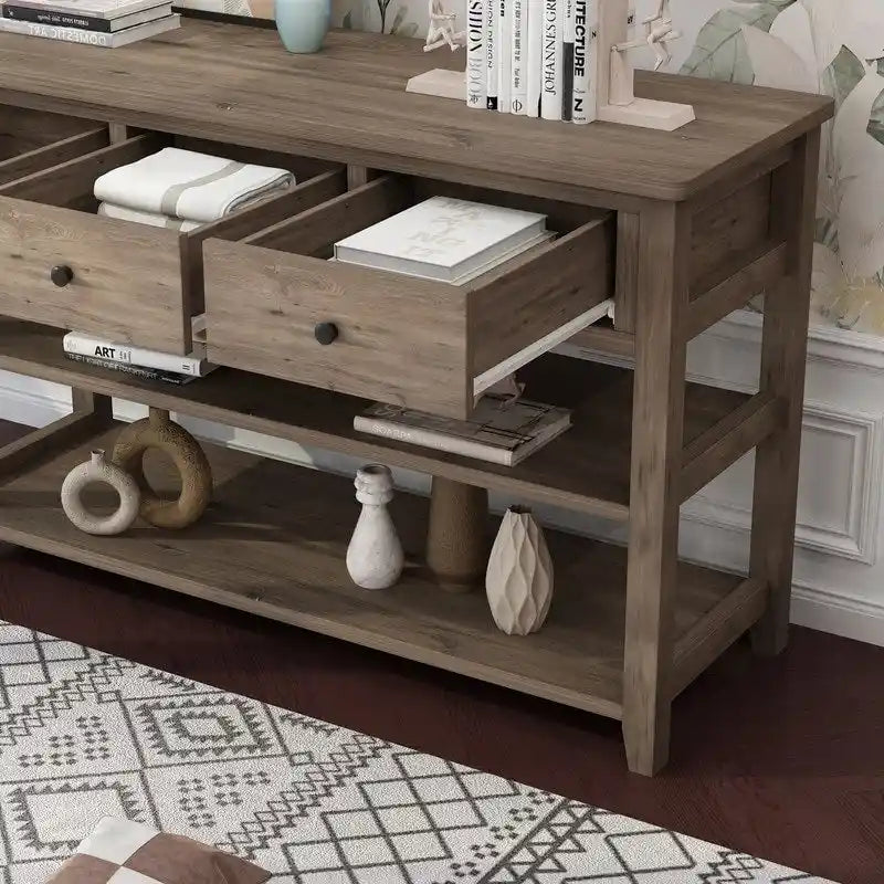 Console Table con 4 Cassetti e Ripiani Aperti – Marrone Lavato / Beige, MDF