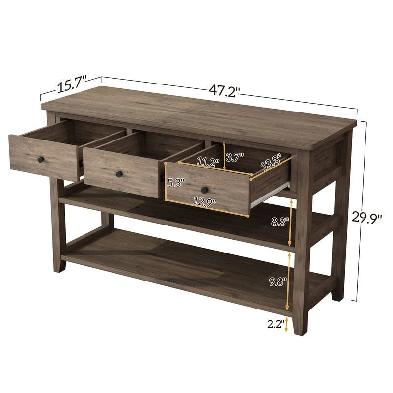 Console Table con 4 Cassetti e Ripiani Aperti – Marrone Lavato / Beige, MDF