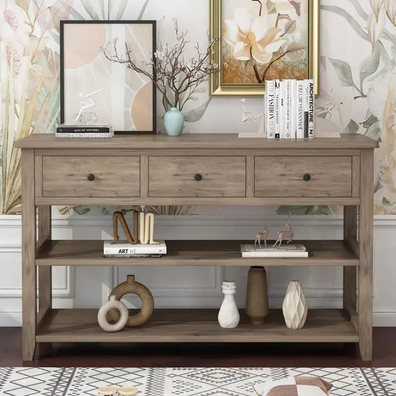 Console Table con 4 Cassetti e Ripiani Aperti – Marrone Lavato / Beige, MDF