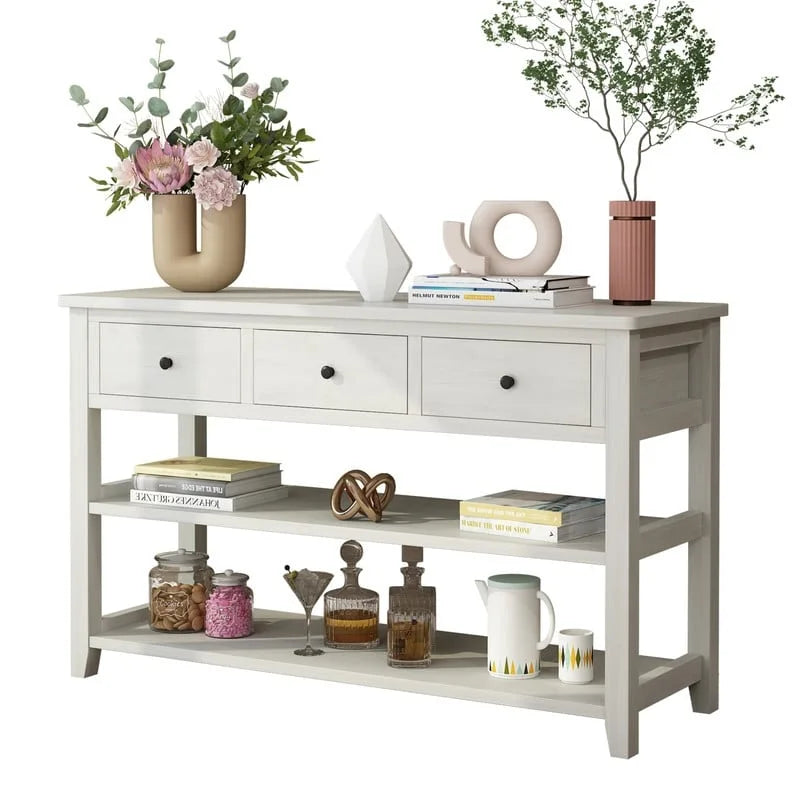 Console Table con 4 Cassetti e Ripiani Aperti – Marrone Lavato / Beige, MDF