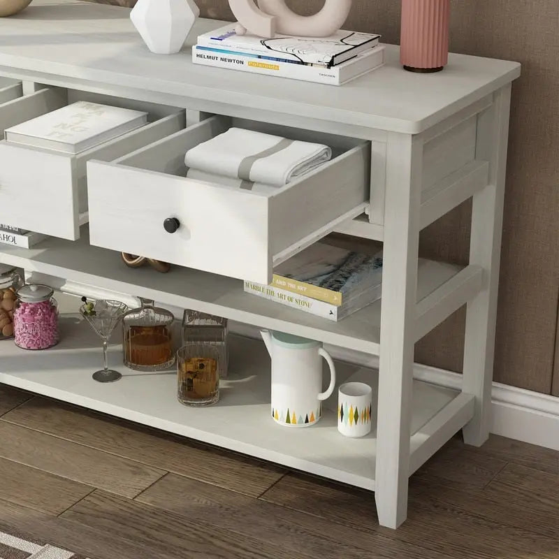 Console Table con 4 Cassetti e Ripiani Aperti – Marrone Lavato / Beige, MDF