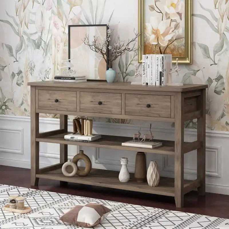 Console Table con 4 Cassetti e Ripiani Aperti – Marrone Lavato / Beige, MDF