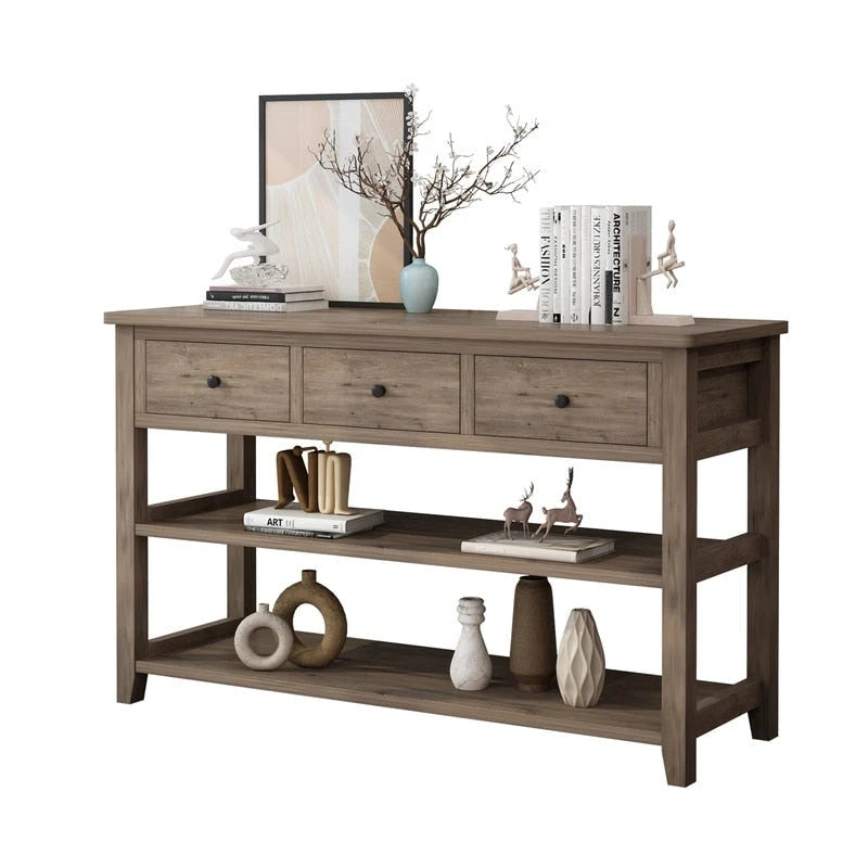Console Table con 4 Cassetti e Ripiani Aperti – Marrone Lavato / Beige, MDF