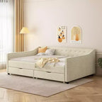 Divano Letto Imbottito/Trapuntato Twin/Full Size con 2 Cassetti Contenitore/Letto Estraibile e Bottone sullo Schienale e Bordino sui Braccioli a Onda, 4Q -ModernLuxe