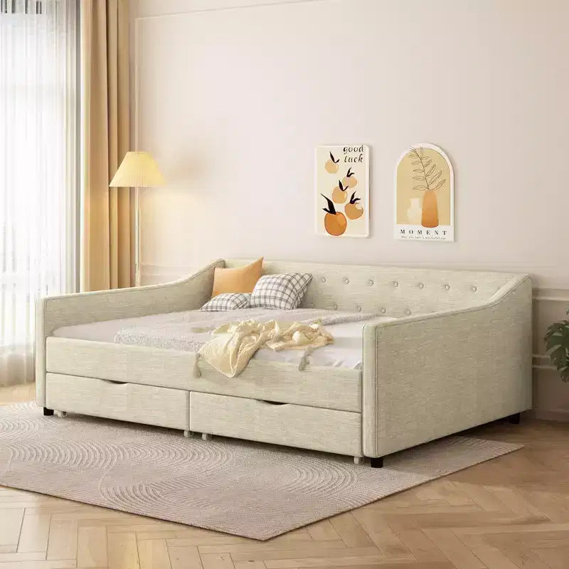 Divano Letto Imbottito/Trapuntato Twin/Full Size con 2 Cassetti Contenitore/Letto Estraibile e Bottone sullo Schienale e Bordino sui Braccioli a Onda, 4Q -ModernLuxe