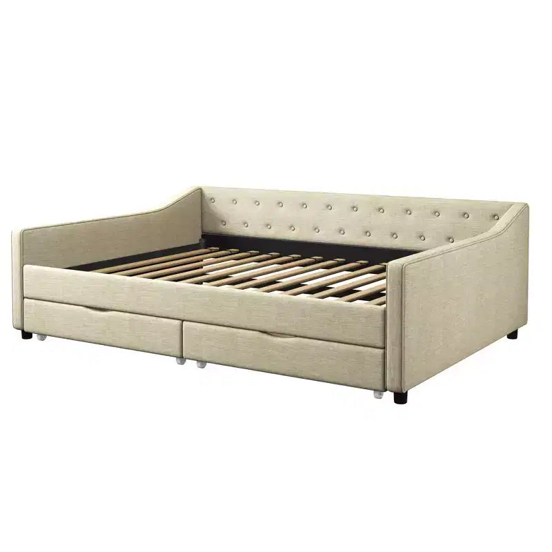 Divano Letto Imbottito/Trapuntato Twin/Full Size con 2 Cassetti Contenitore/Letto Estraibile e Bottone sullo Schienale e Bordino sui Braccioli a Onda, 4Q -ModernLuxe