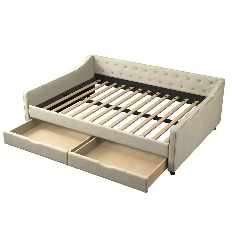 Divano Letto Imbottito/Trapuntato Twin/Full Size con 2 Cassetti Contenitore/Letto Estraibile e Bottone sullo Schienale e Bordino sui Braccioli a Onda, 4Q -ModernLuxe