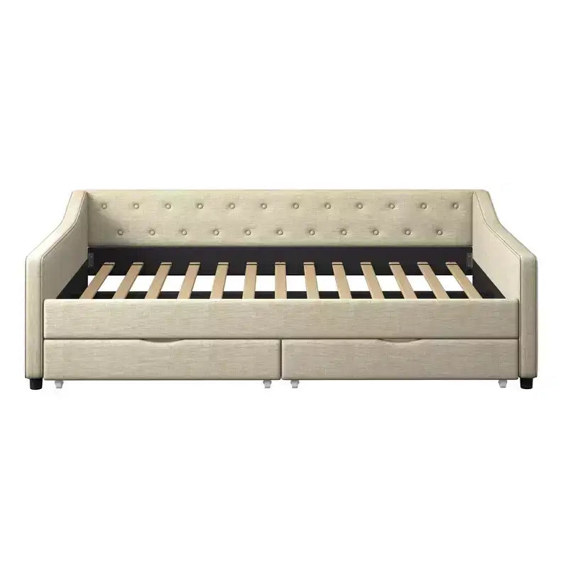 Divano Letto Imbottito/Trapuntato Twin/Full Size con 2 Cassetti Contenitore/Letto Estraibile e Bottone sullo Schienale e Bordino sui Braccioli a Onda, 4Q -ModernLuxe