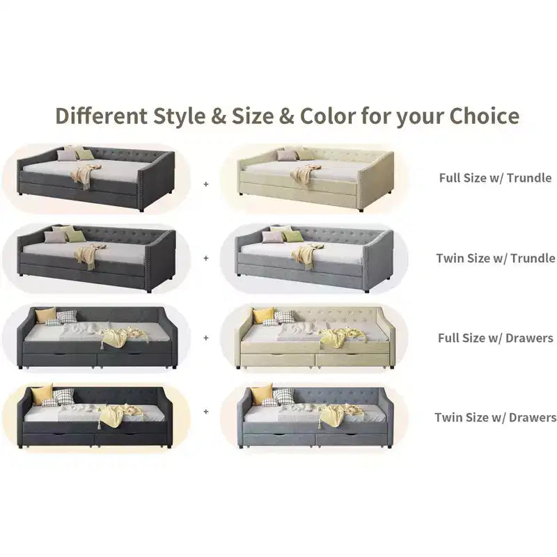 Divano Letto Imbottito/Trapuntato Twin/Full Size con 2 Cassetti Contenitore/Letto Estraibile e Bottone sullo Schienale e Bordino sui Braccioli a Onda, 4Q -ModernLuxe