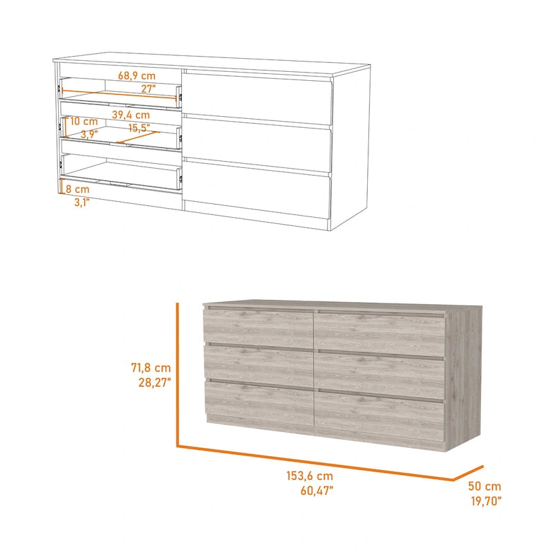 Nero / Bianco / Grigio chiaro / Rovere chiaro — Cassettiera a 6 cassetti, 1 persona