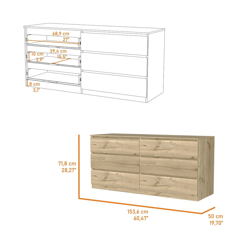 Nero / Bianco / Grigio chiaro / Rovere chiaro — Cassettiera a 6 cassetti, 1 persona