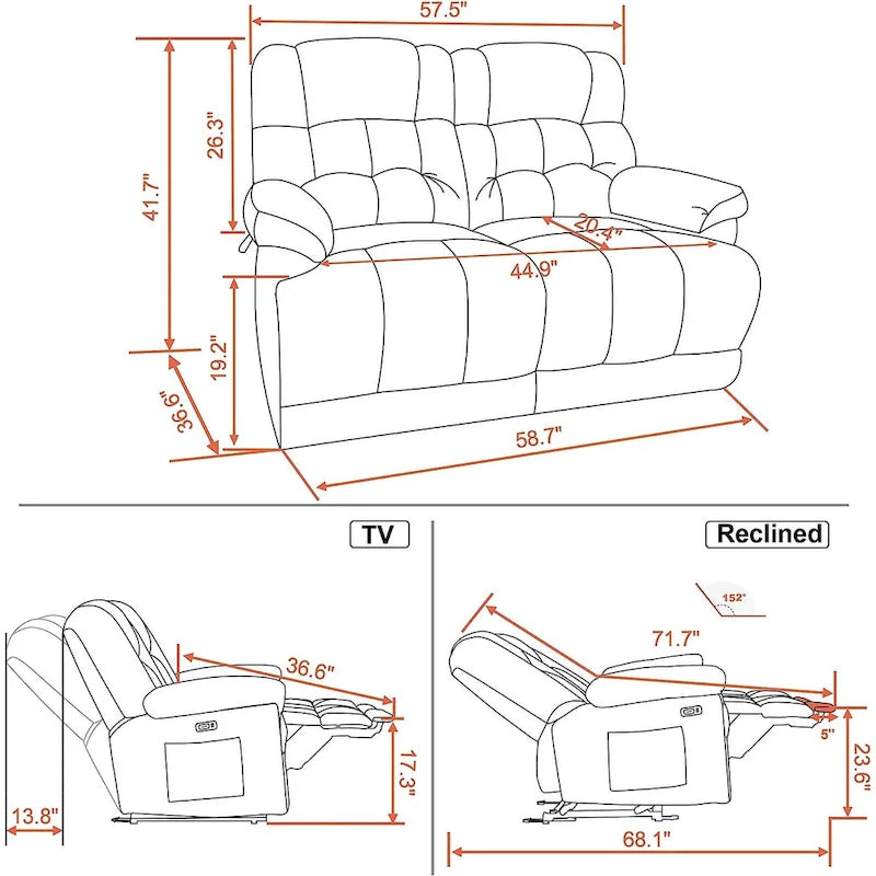 Divanetto Reclinabile Elettrico 2 Posti in Tessuto Rosso/Grigio/Beige/Blu/Marrone con Funzione Massaggio e Riscaldamento