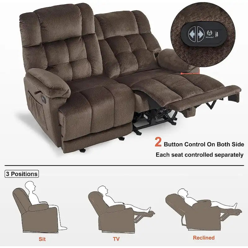 Divanetto Reclinabile Elettrico 2 Posti in Tessuto Rosso/Grigio/Beige/Blu/Marrone con Funzione Massaggio e Riscaldamento
