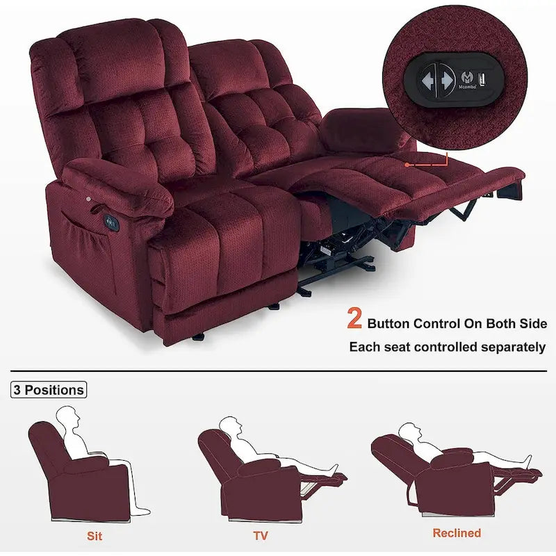 Divanetto Reclinabile Elettrico 2 Posti in Tessuto Rosso/Grigio/Beige/Blu/Marrone con Funzione Massaggio e Riscaldamento