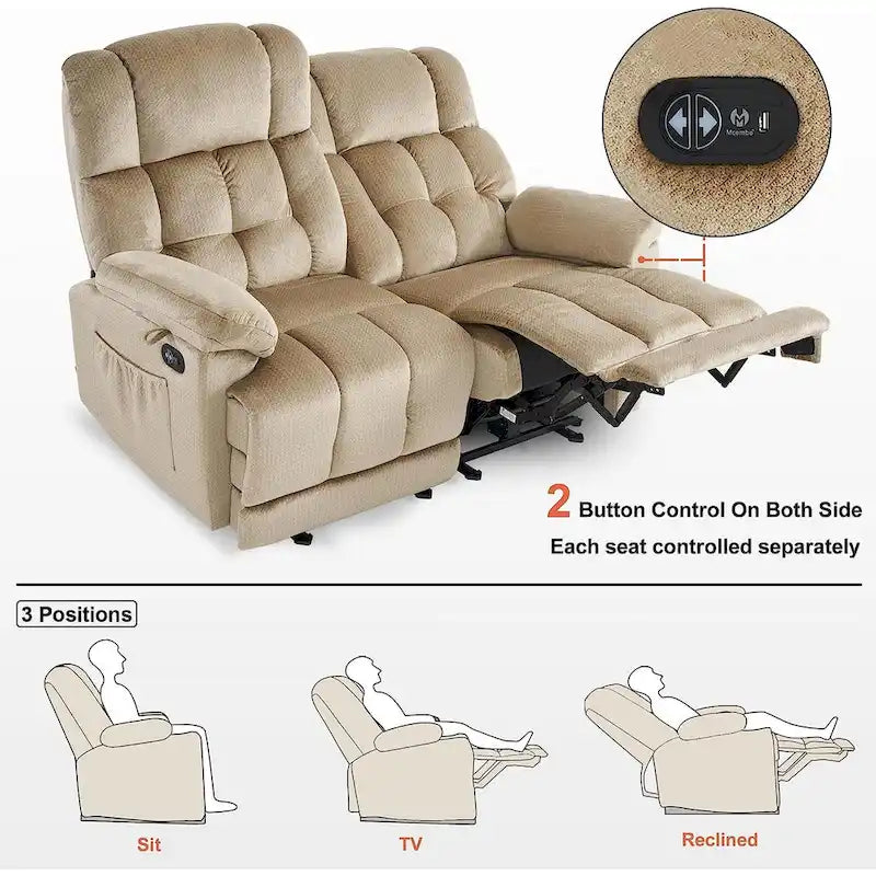 Divanetto Reclinabile Elettrico 2 Posti in Tessuto Rosso/Grigio/Beige/Blu/Marrone con Funzione Massaggio e Riscaldamento