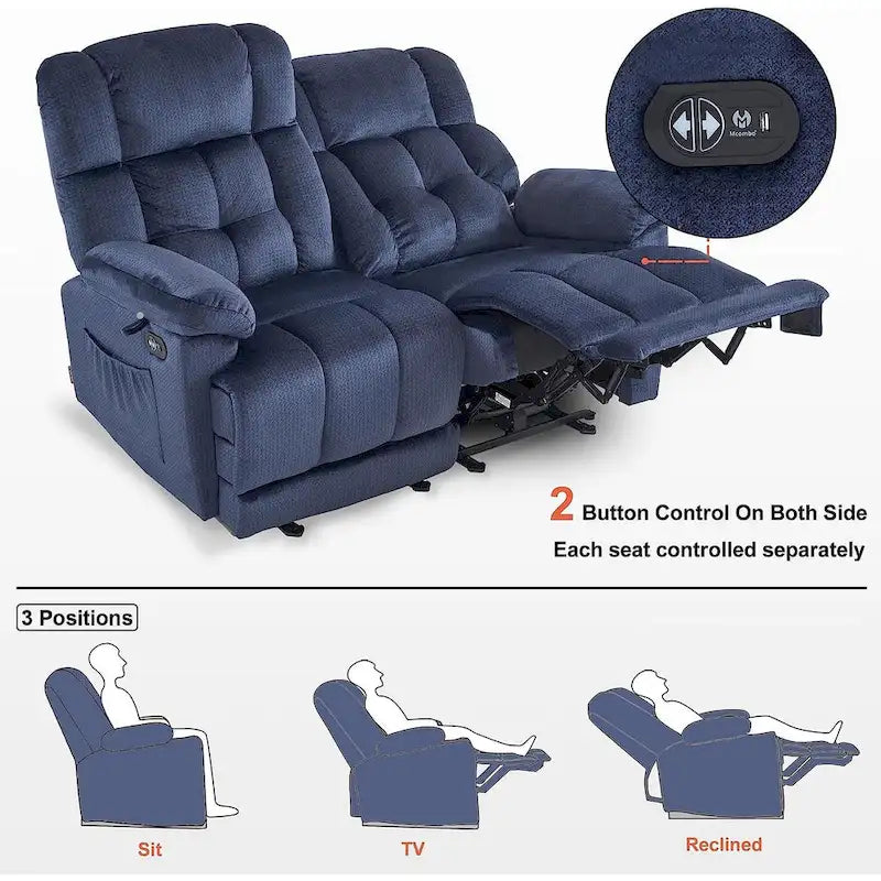 Divanetto Reclinabile Elettrico 2 Posti in Tessuto Rosso/Grigio/Beige/Blu/Marrone con Funzione Massaggio e Riscaldamento