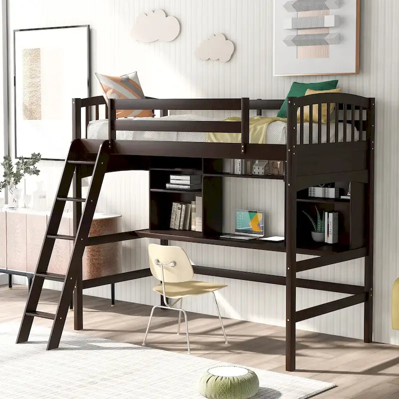 Letto a soppalco singolo con scrivania e mensole — Espresso / Grigio / Bianco, 1 persona