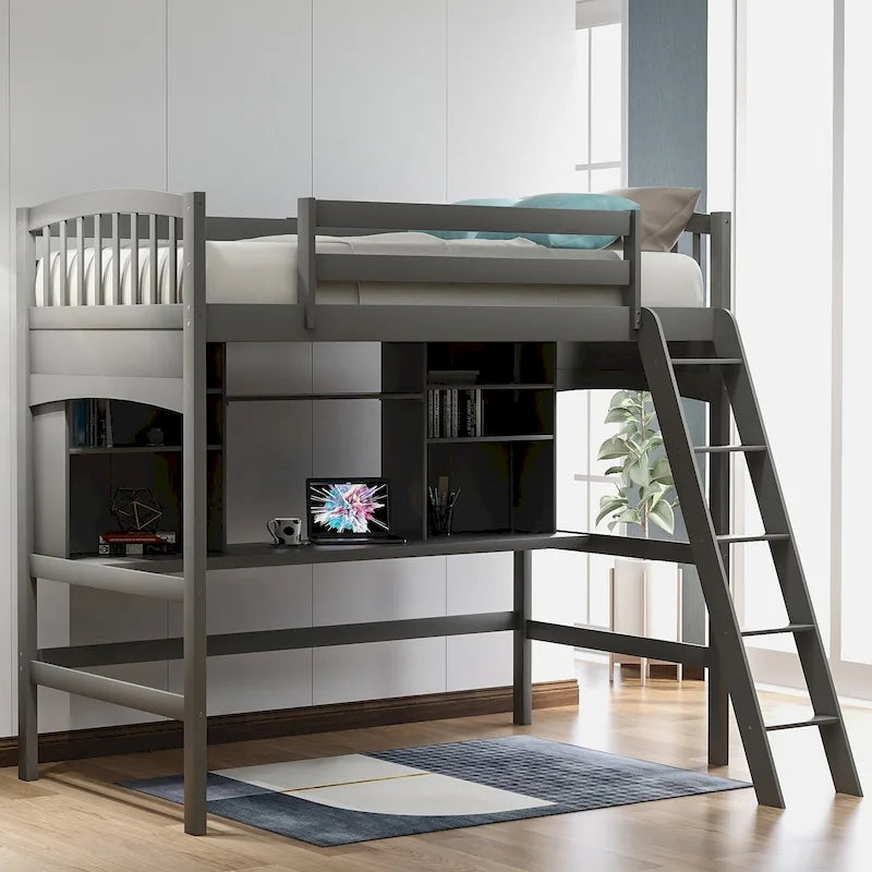 Letto a soppalco singolo con scrivania e mensole — Espresso / Grigio / Bianco, 1 persona