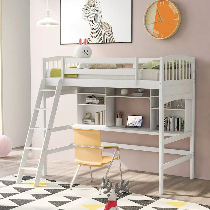 Letto a soppalco singolo con scrivania e mensole — Espresso / Grigio / Bianco, 1 persona