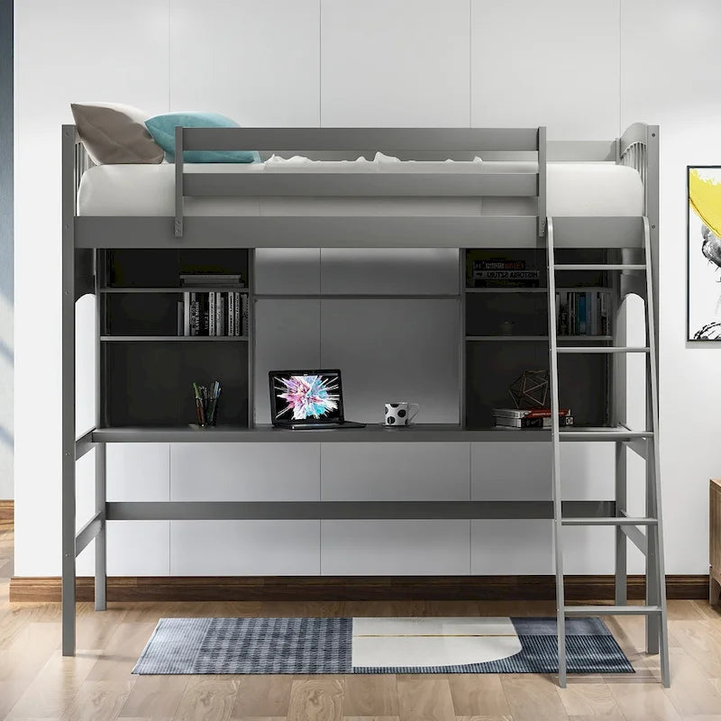 Letto a soppalco singolo con scrivania e mensole — Espresso / Grigio / Bianco, 1 persona