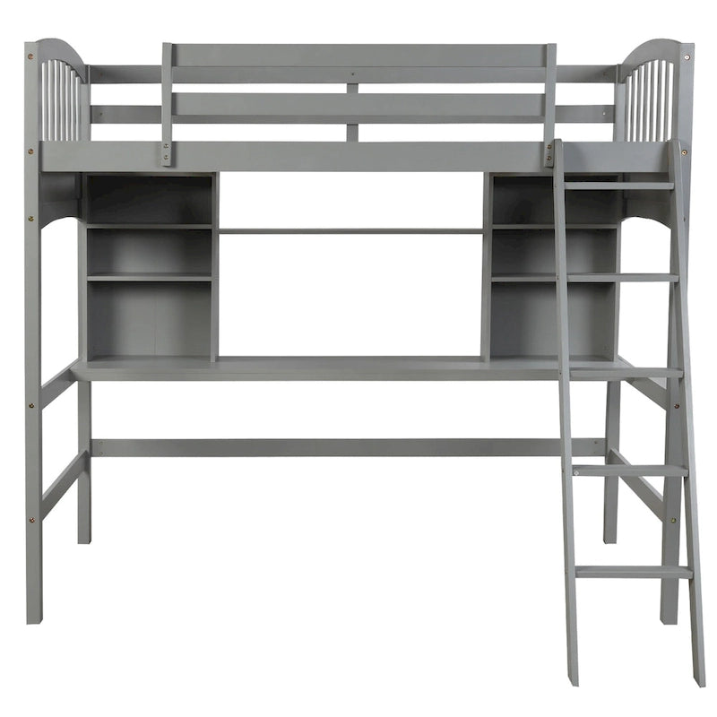 Letto a soppalco singolo con scrivania e mensole — Espresso / Grigio / Bianco, 1 persona