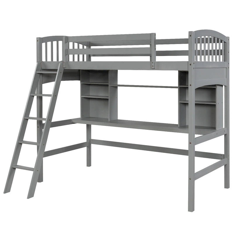 Letto a soppalco singolo con scrivania e mensole — Espresso / Grigio / Bianco, 1 persona