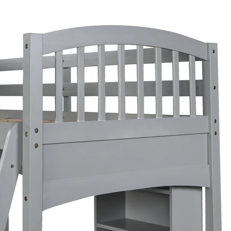 Letto a soppalco singolo con scrivania e mensole — Espresso / Grigio / Bianco, 1 persona