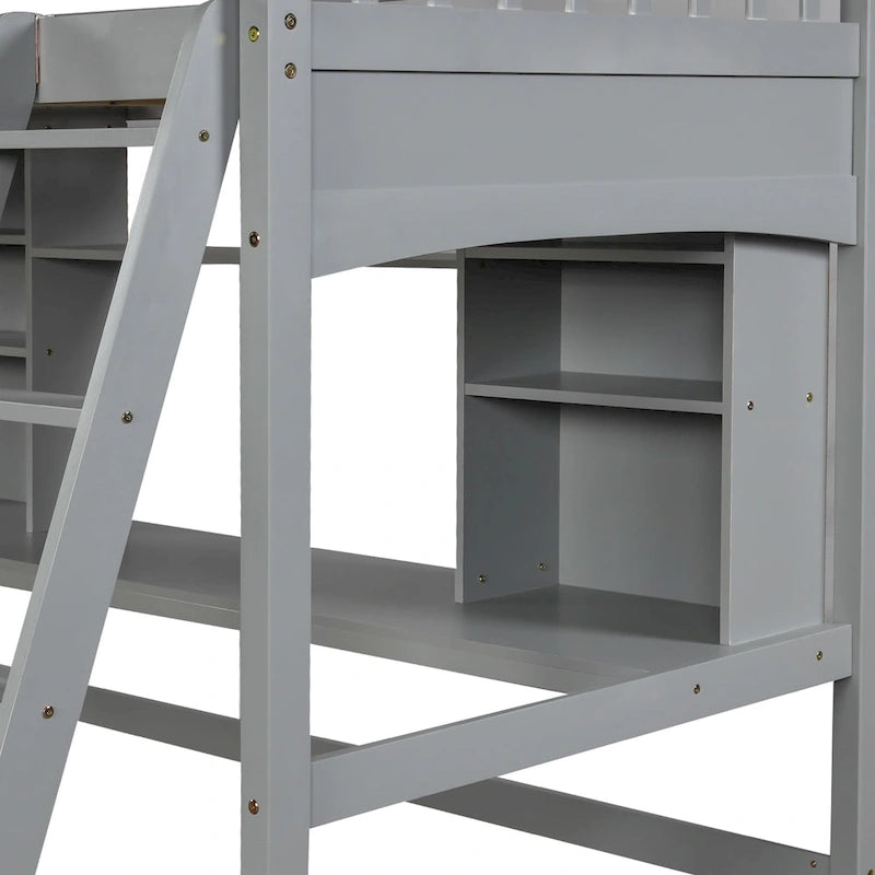 Letto a soppalco singolo con scrivania e mensole — Espresso / Grigio / Bianco, 1 persona