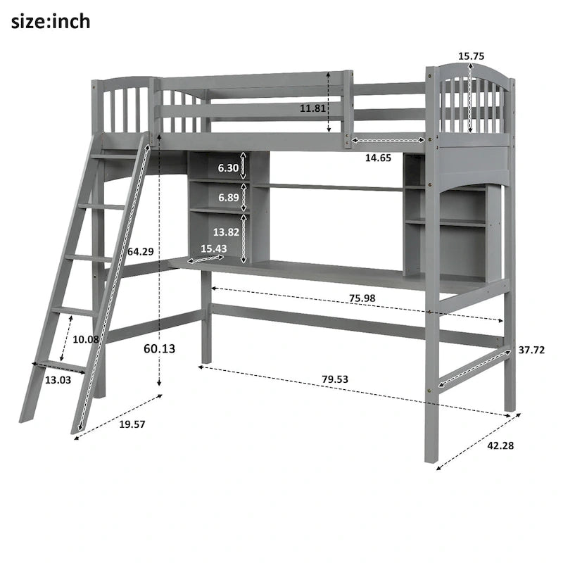 Letto a soppalco singolo con scrivania e mensole — Espresso / Grigio / Bianco, 1 persona