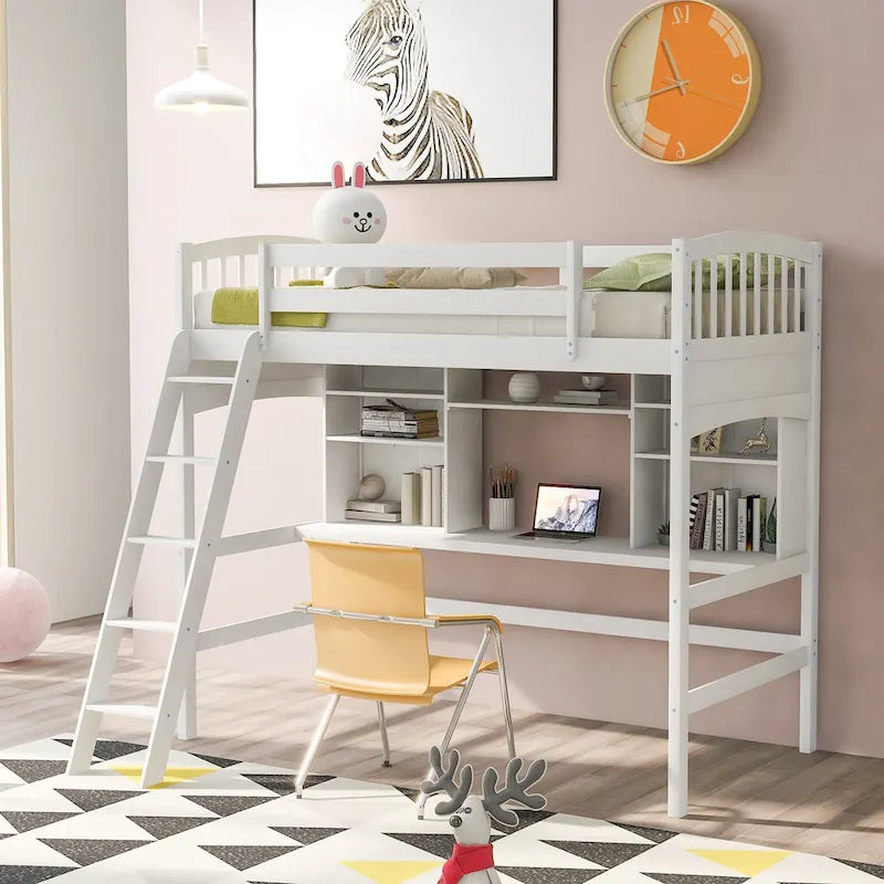 Letto a soppalco singolo con scrivania e mensole — Espresso / Grigio / Bianco, 1 persona
