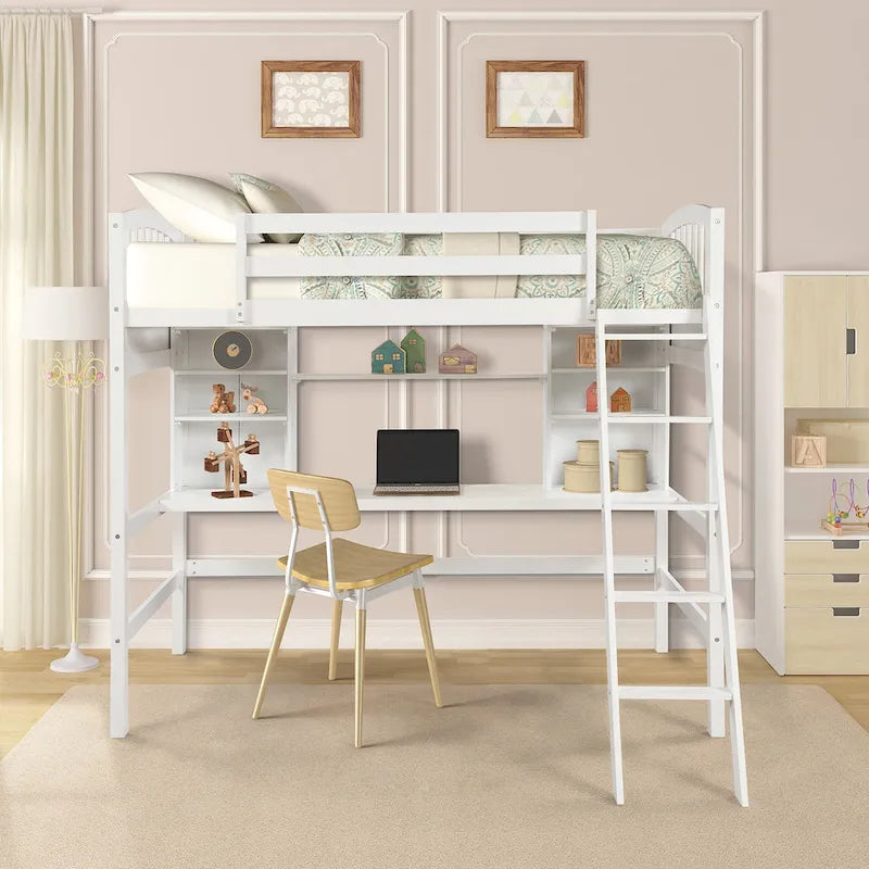 Letto a soppalco singolo con scrivania e mensole — Espresso / Grigio / Bianco, 1 persona