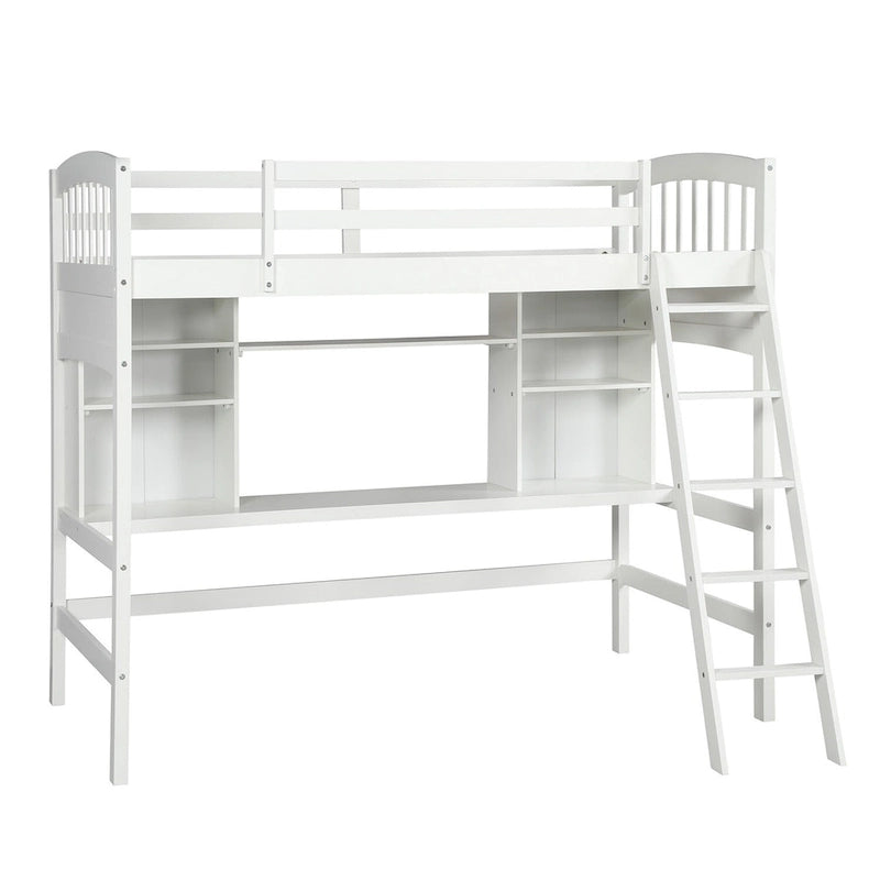 Letto a soppalco singolo con scrivania e mensole — Espresso / Grigio / Bianco, 1 persona