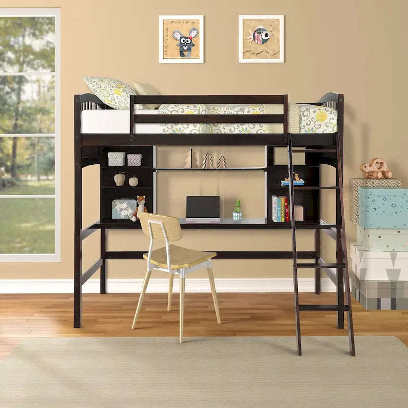 Letto a soppalco singolo con scrivania e mensole — Espresso / Grigio / Bianco, 1 persona