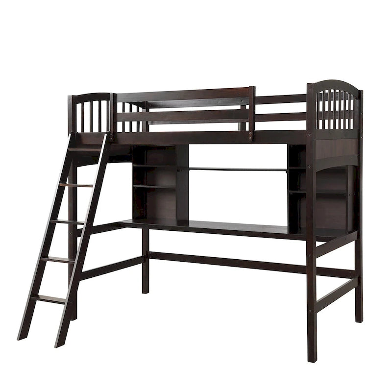 Letto a soppalco singolo con scrivania e mensole — Espresso / Grigio / Bianco, 1 persona