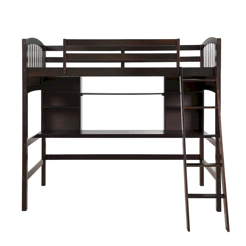 Letto a soppalco singolo con scrivania e mensole — Espresso / Grigio / Bianco, 1 persona