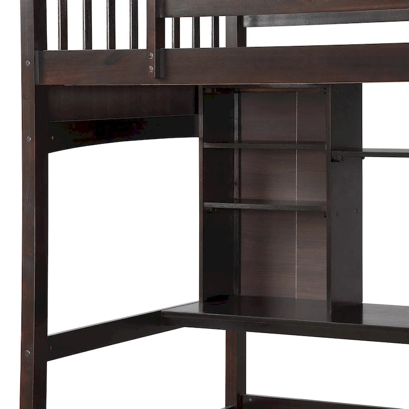 Letto a soppalco singolo con scrivania e mensole — Espresso / Grigio / Bianco, 1 persona