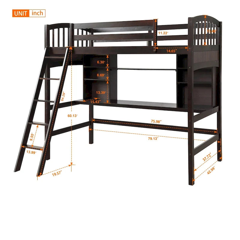 Letto a soppalco singolo con scrivania e mensole — Espresso / Grigio / Bianco, 1 persona