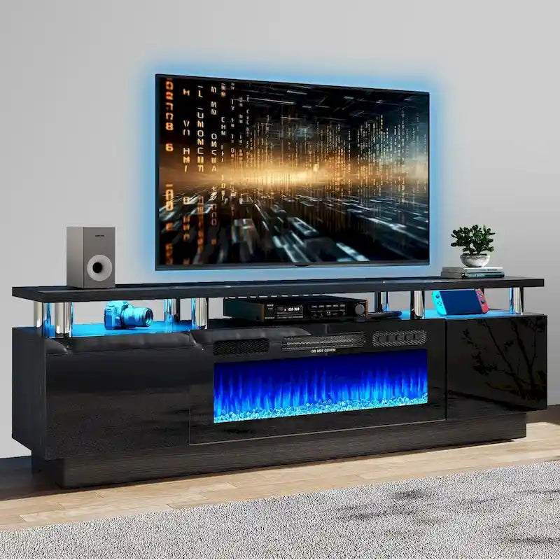 Mobile porta TV 70" bianco/nero con caminetto elettrico 36", adatto per TV fino a 80"