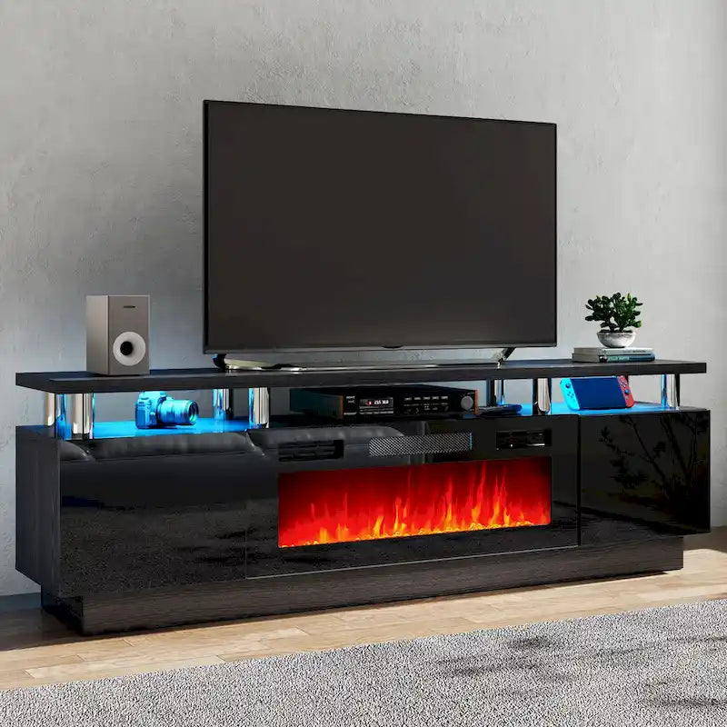 Mobile porta TV 70" bianco/nero con caminetto elettrico 36", adatto per TV fino a 80"