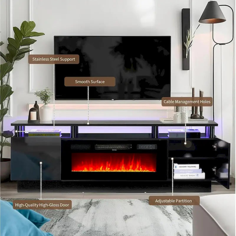Mobile porta TV 70" bianco/nero con caminetto elettrico 36", adatto per TV fino a 80"