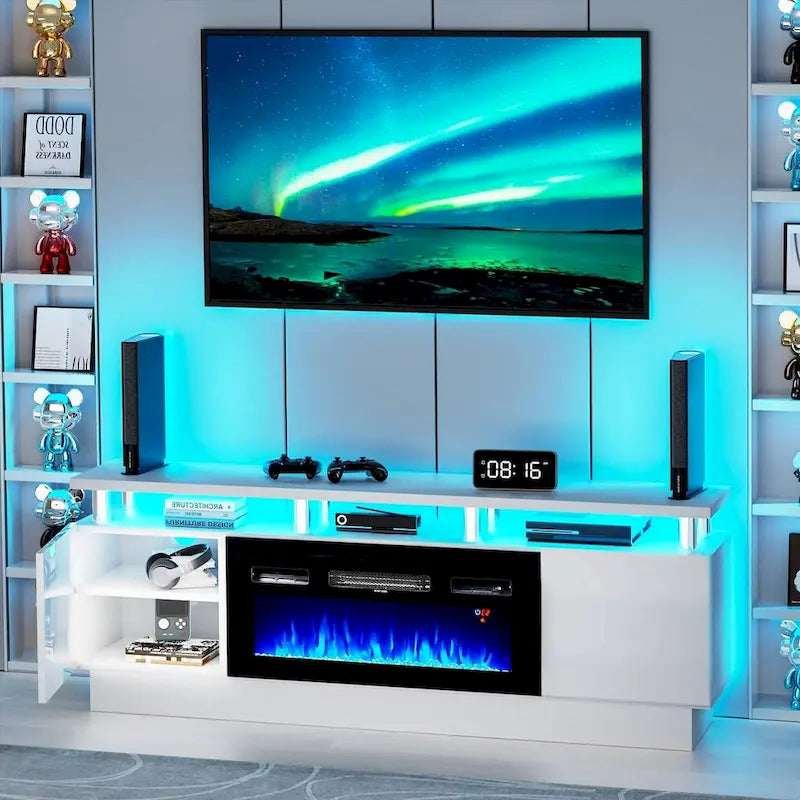 Mobile porta TV 70" bianco/nero con caminetto elettrico 36", adatto per TV fino a 80"