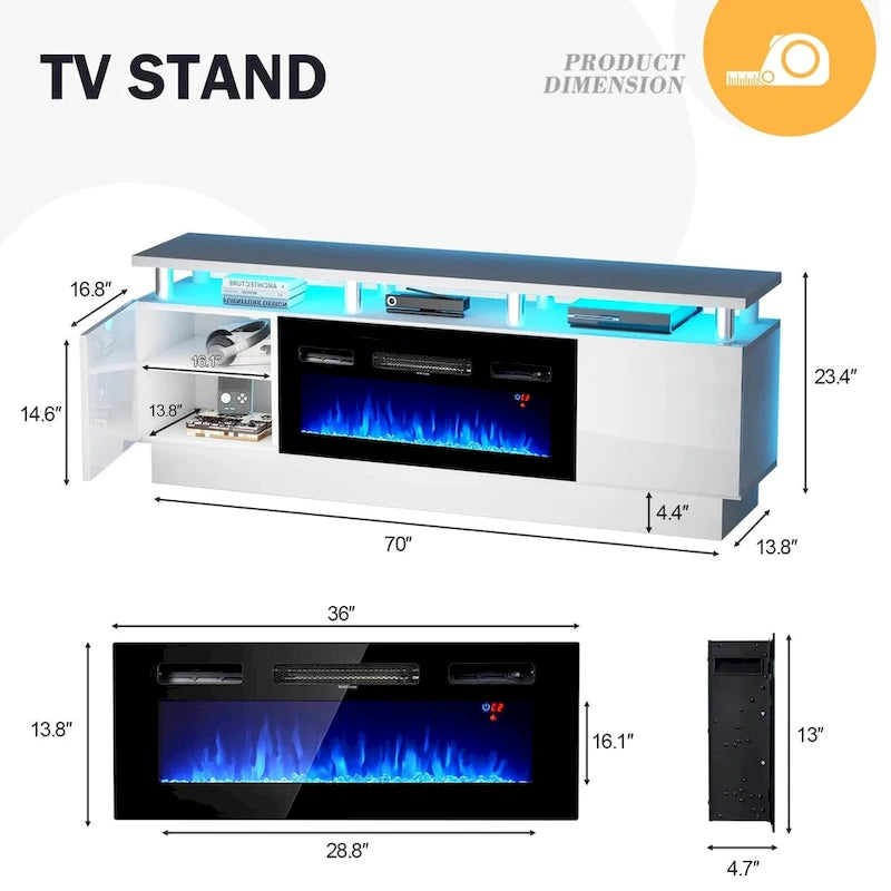 Mobile porta TV 70" bianco/nero con caminetto elettrico 36", adatto per TV fino a 80"