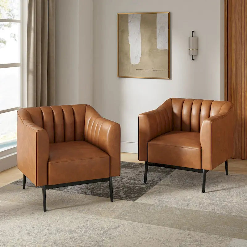 Poltroncina d'accento industriale in pelle sintetica PU, blu marino/grigio/cammello/marrone/nero, con trapuntatura a canale, set da 2