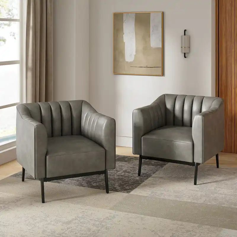 Poltroncina d'accento industriale in pelle sintetica PU, blu marino/grigio/cammello/marrone/nero, con trapuntatura a canale, set da 2