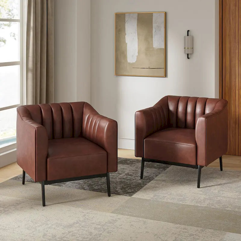 Poltroncina d'accento industriale in pelle sintetica PU, blu marino/grigio/cammello/marrone/nero, con trapuntatura a canale, set da 2